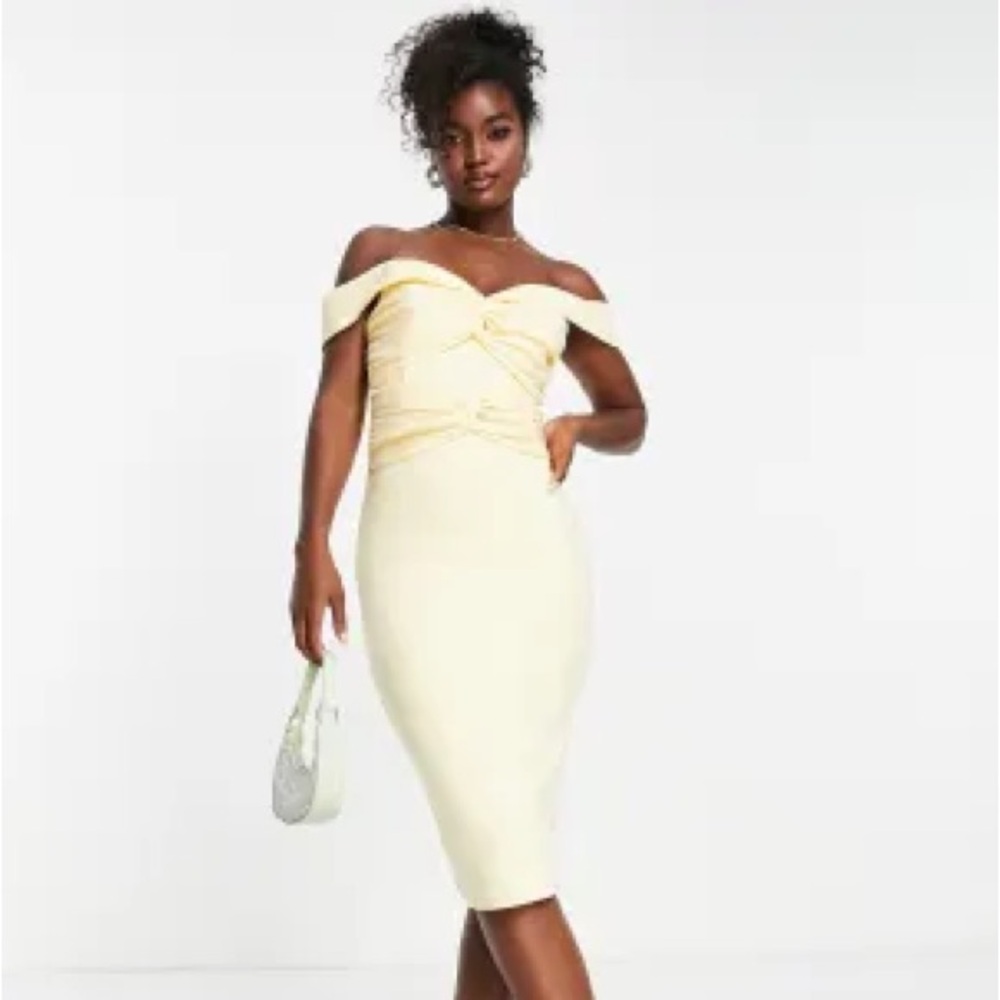 Asos Lavish Alice off shoulder twist detail midi dress in color Butter / Cream